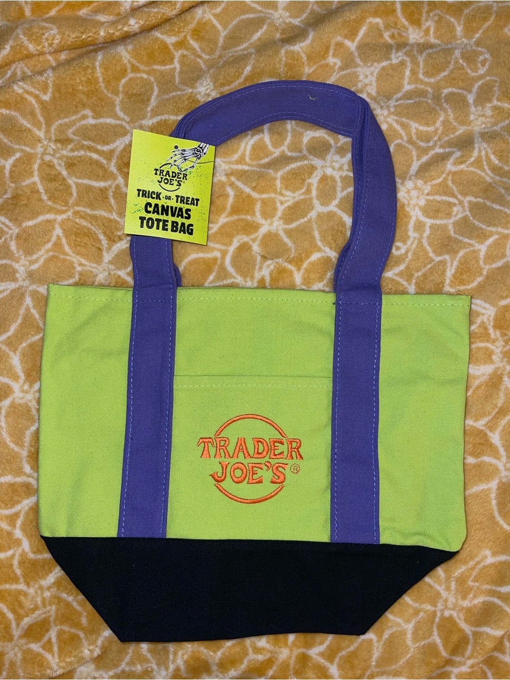 Trader Joe’s mini canvas tote bag Lime Green & Purple